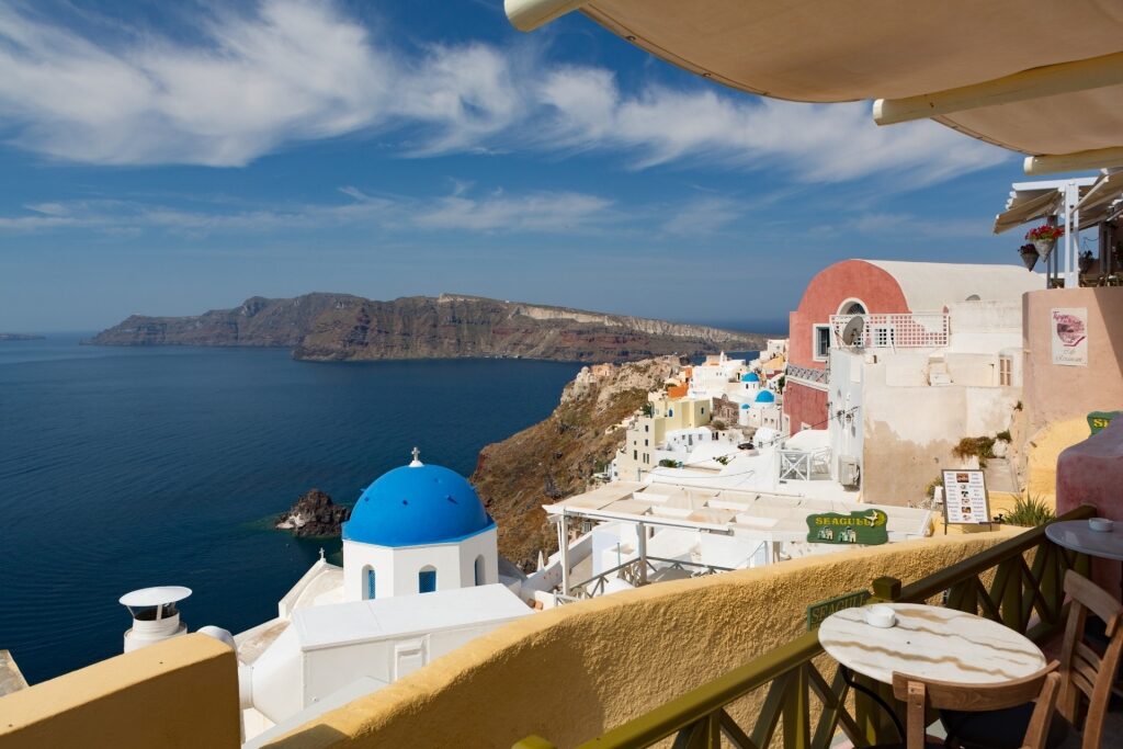 View from a restaurant in Oia, Greece