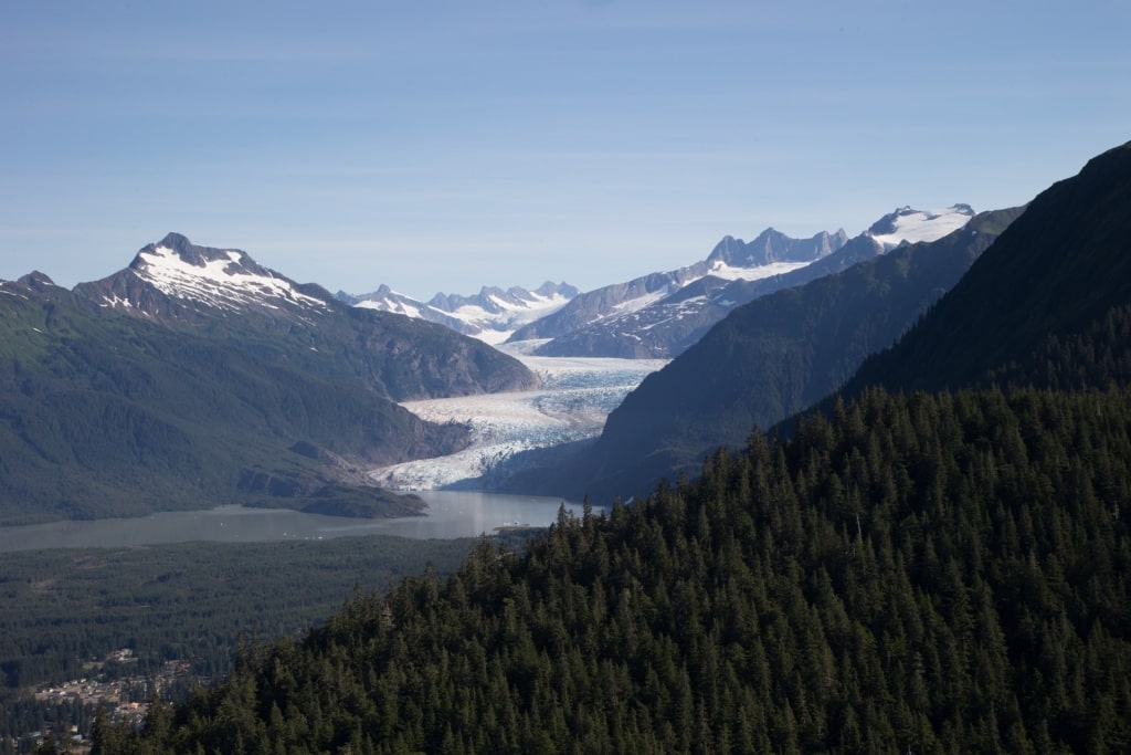 Aerial view of Mendenhall Lake with glacier