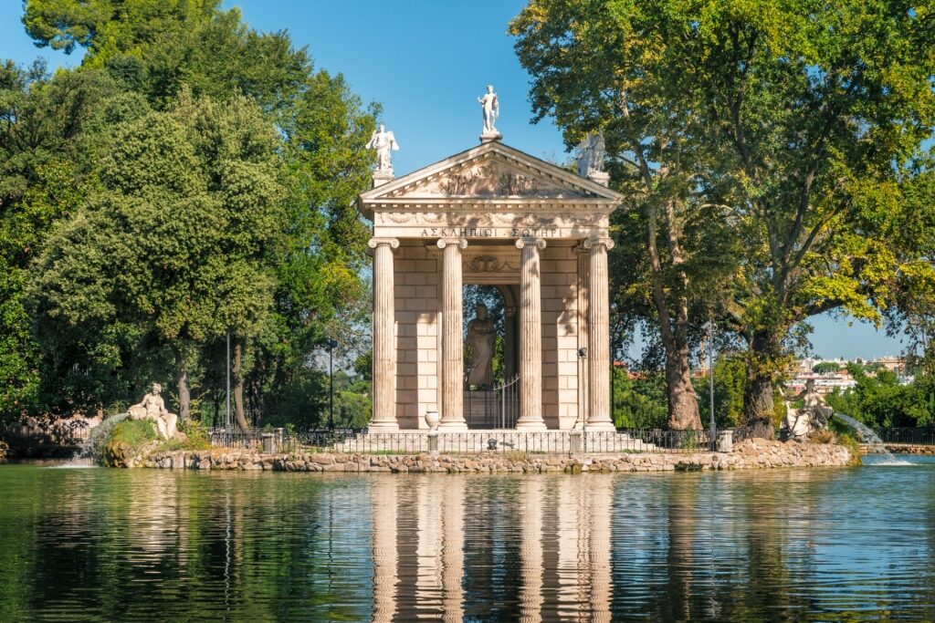 Temple of Asclepius amidst the water in Villa Borghese, Rome
