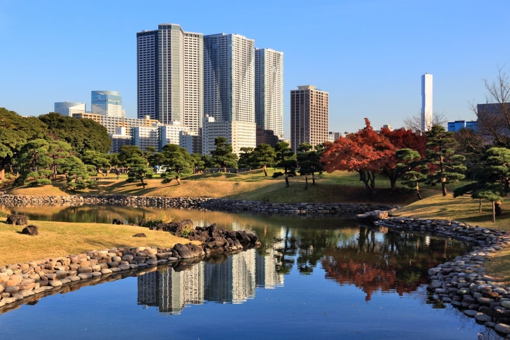 Buildings towering over Hamarikyu Gardens