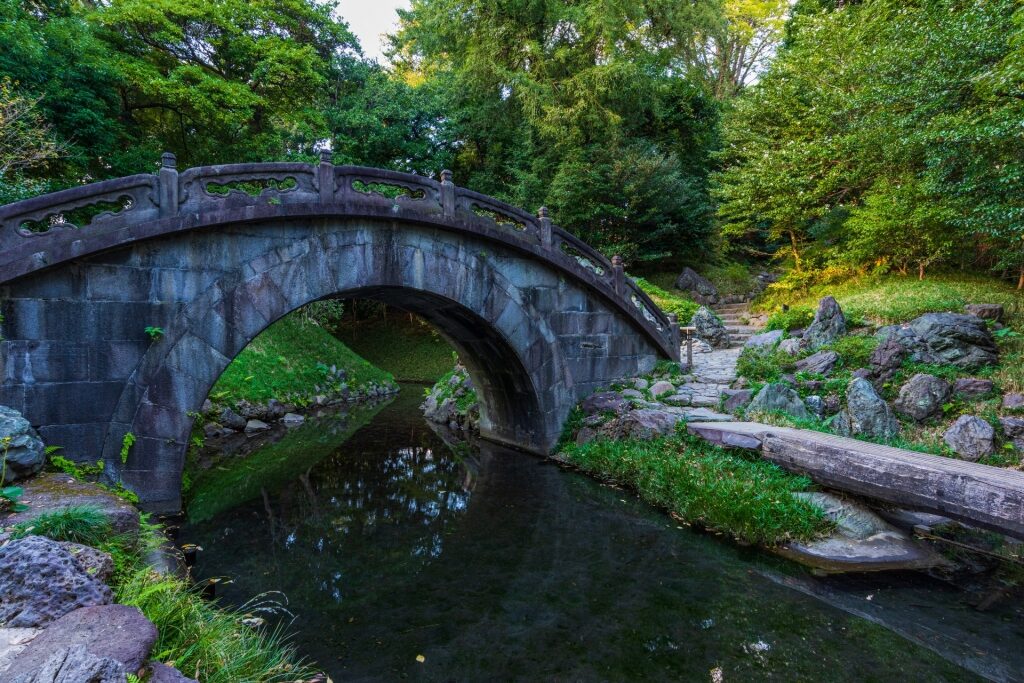 Iconic Full Moon Bridge in Koishikawa Korakuen Gardens