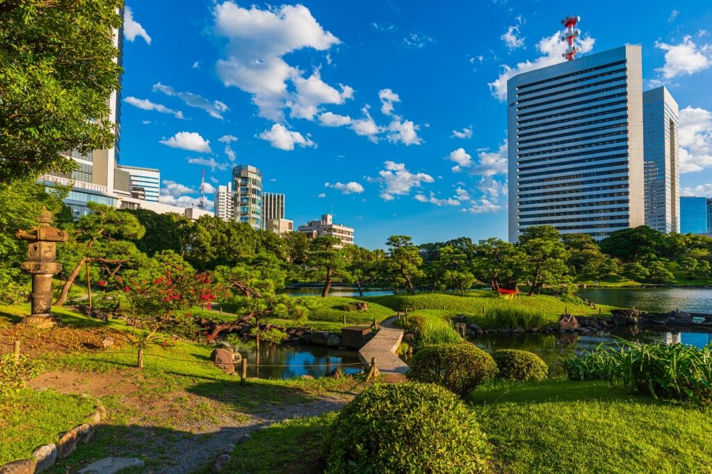 Lush landscape of Kyu Shiba-Rikyu Gardens