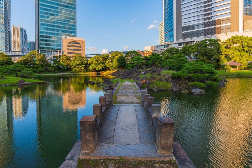 Bridge amidst the lake in Kyu Shiba-Rikyu Gardens