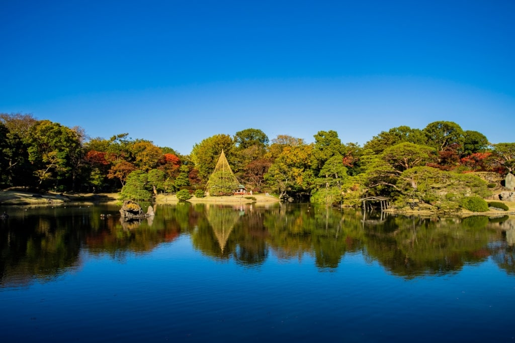 Amazing view of Rikugien Gardens reflecting on water