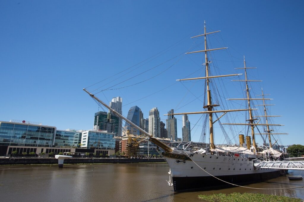 ARA Sarmiento Frigate Museum Ship in the waters of Puerto Madero