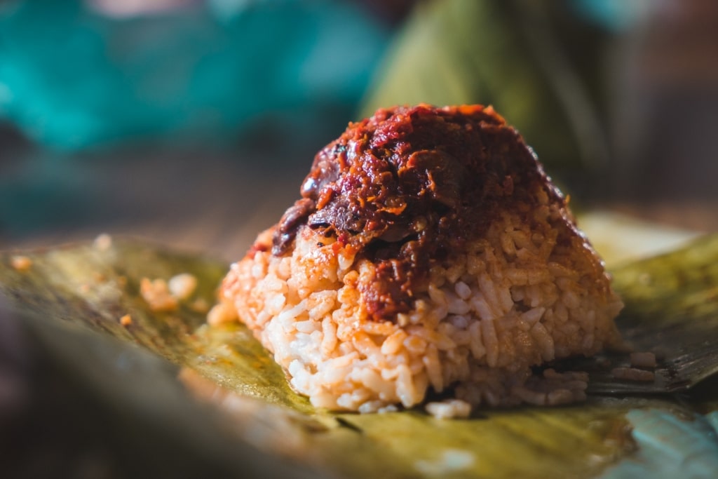 Nasi lemak on a banana leaf