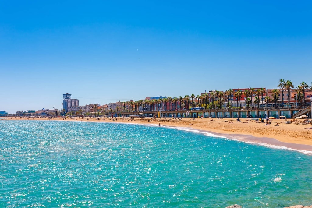 A crowded, sun-soaked Barceloneta Beach draws sunbathers along blue sea waters, highlighting a distant sail-shaped skyscraper.