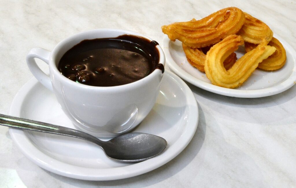 Plate of churros with chocolate dip