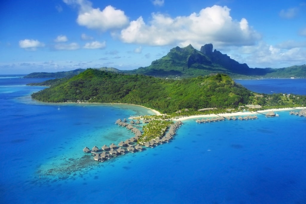 Aerial view of Matira Beach with mountains