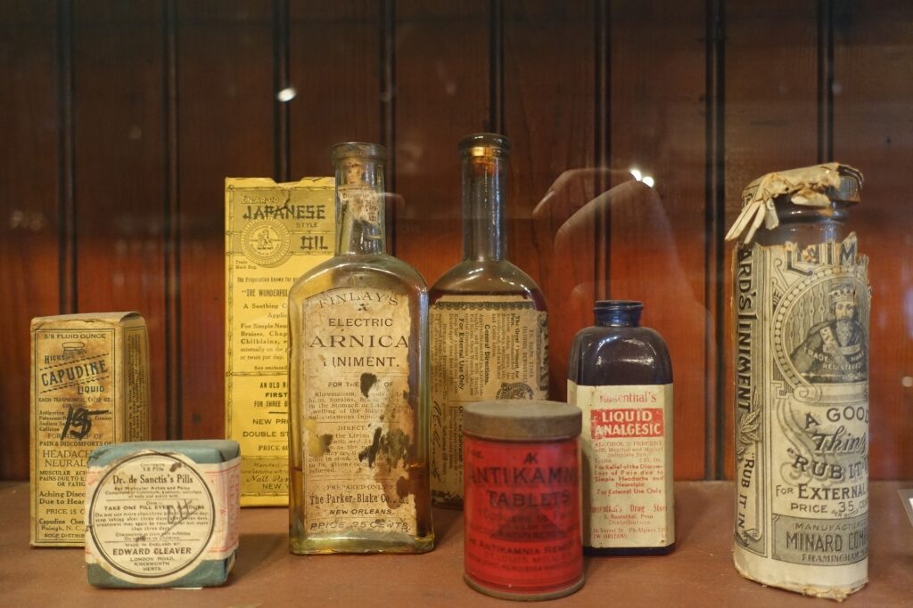 Old bottles inside the New Orleans Pharmacy Museum
