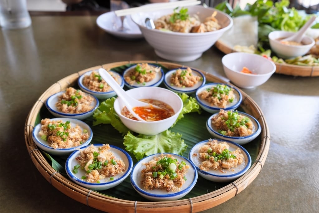Close-up view of Banh Beo steamed rice cakes