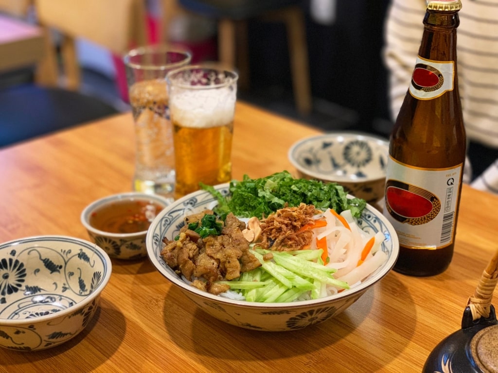 Food and beer at a restaurant in Vietnam