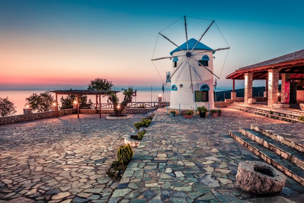 Sunset view of Zakynthos with windmill