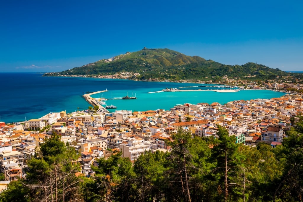 Aerial view of Chora with view of the mountains