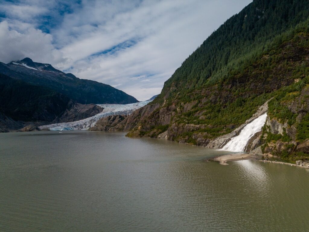 View of Nugget Falls, Juneau with Mendenhall Glacier