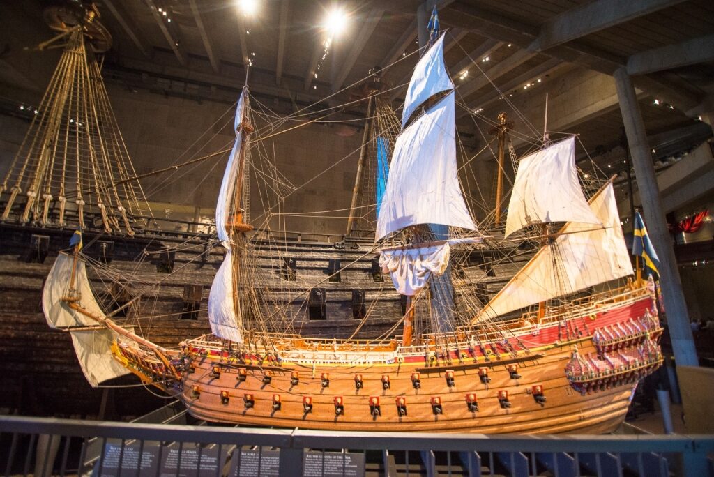 Warships inside the Vasa Museum in Stockholm, Sweden