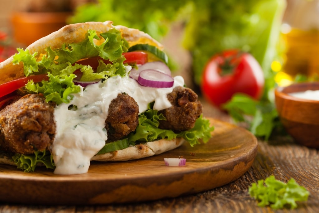 Kofta kebab in baladi bread with tahini sauce