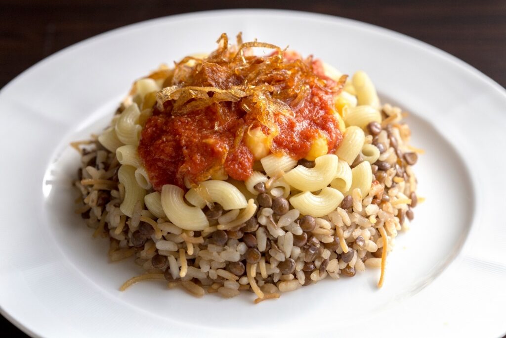 Plate of tasty kushari topped with fried onions