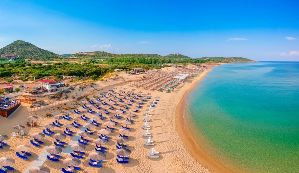 Umbrellas lined up on Ammolofoi Beach, Kavala