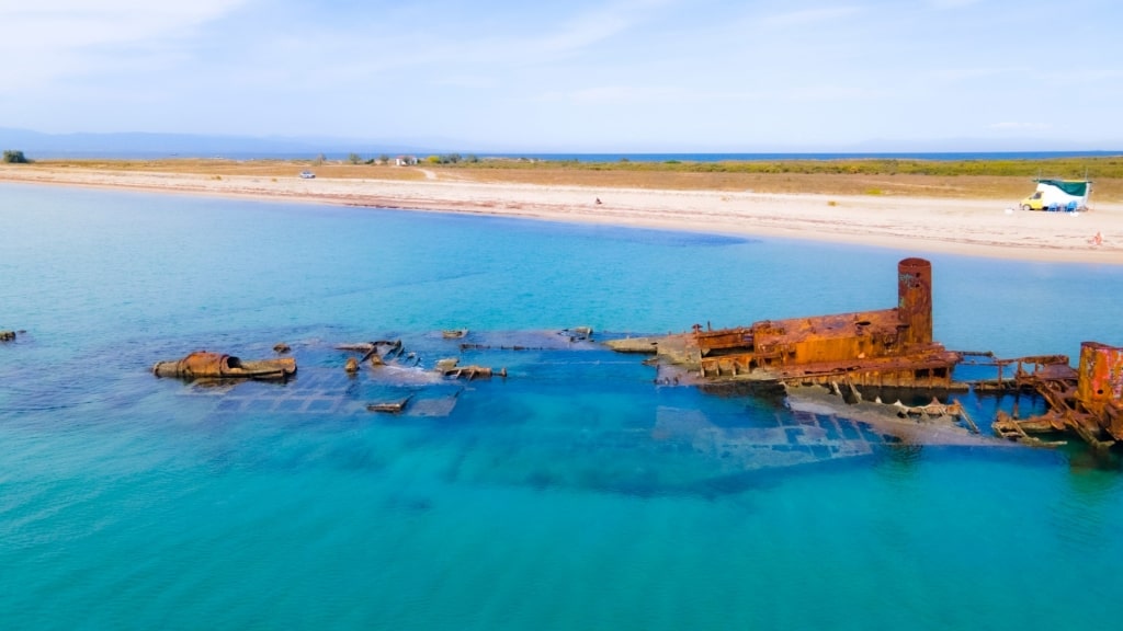 View of Epanomi Beach with shipwreck