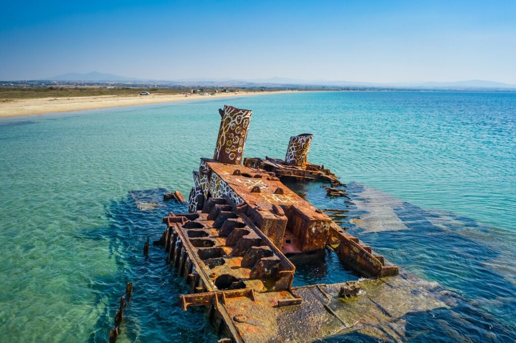 Close view of the iconic shipwreck in Epanomi Beach, Thessaloniki