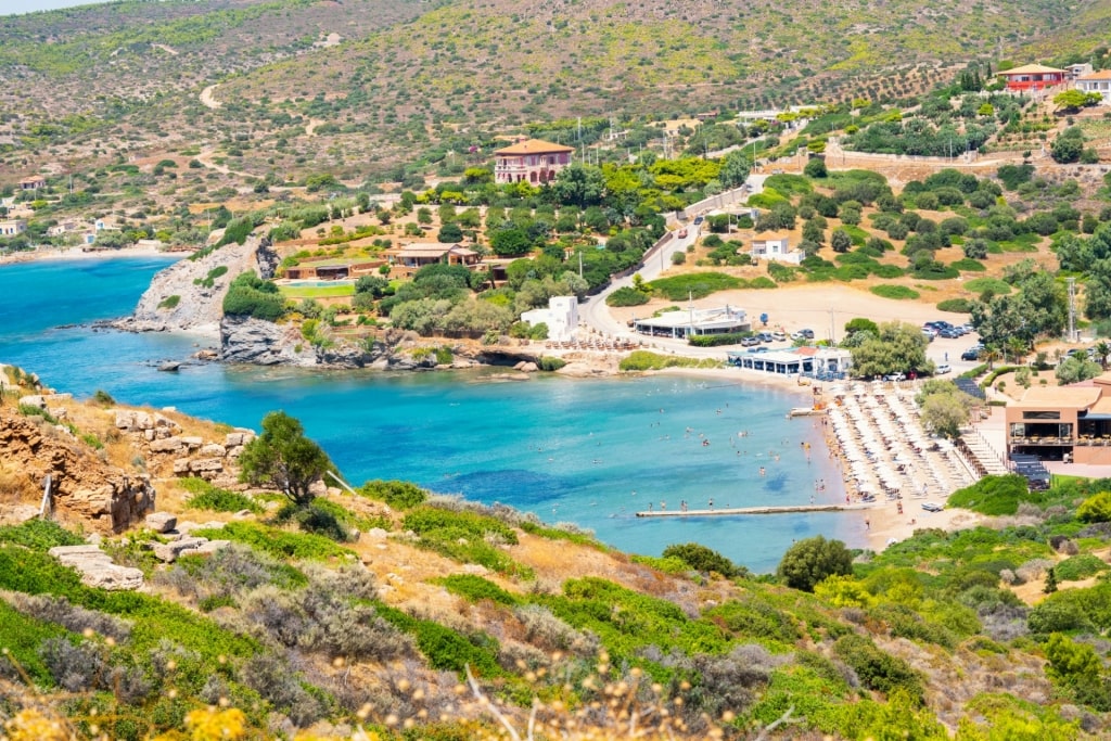 Aerial view of Sounion Beach, Cape Sounion