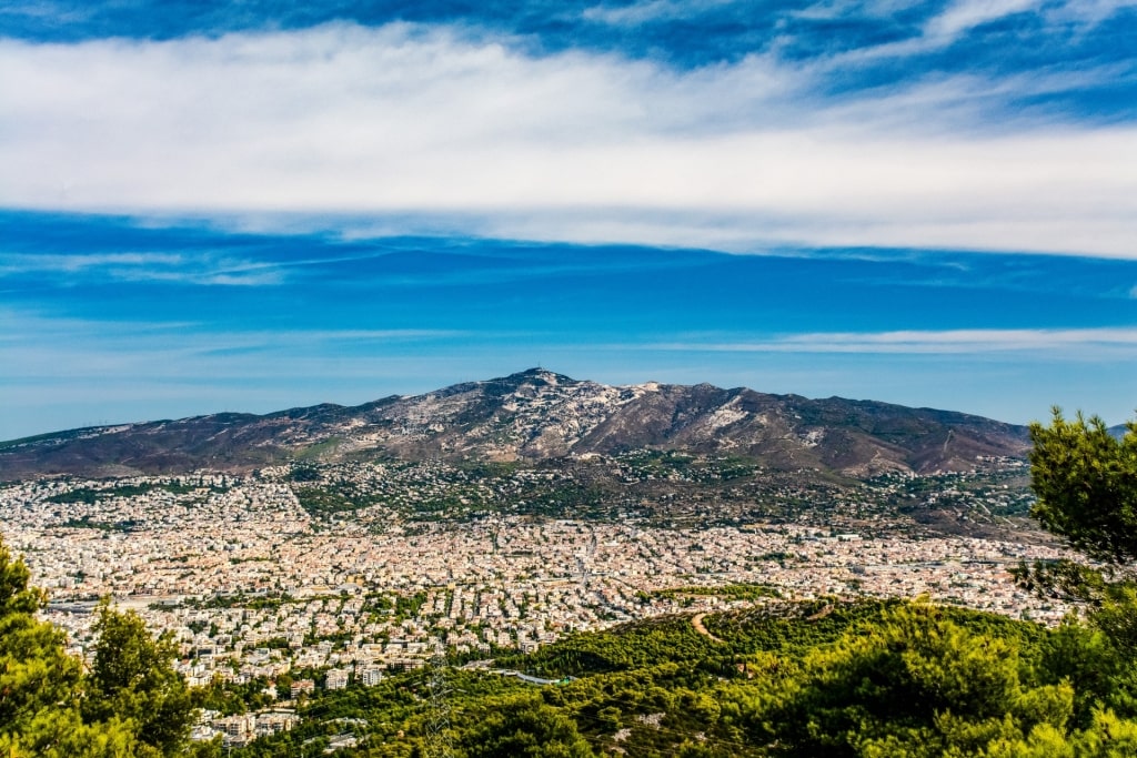 Picturesque landscape of Monastery of Kaisariani and Athens