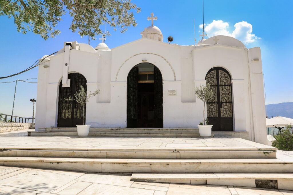 Whitewashed exterior of Chapel of St. George in Mount Lycabettus, Athens