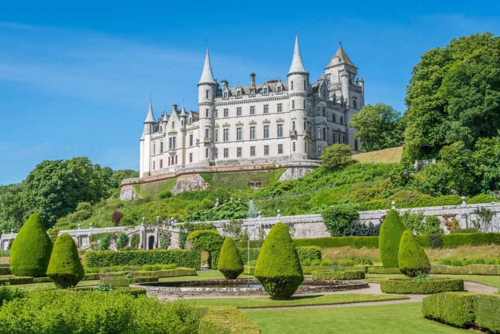 Opulent Dunrobin Castle with view of the gardens