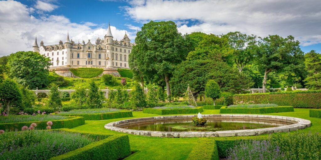 Opulent Dunrobin Castle with view of the gardens