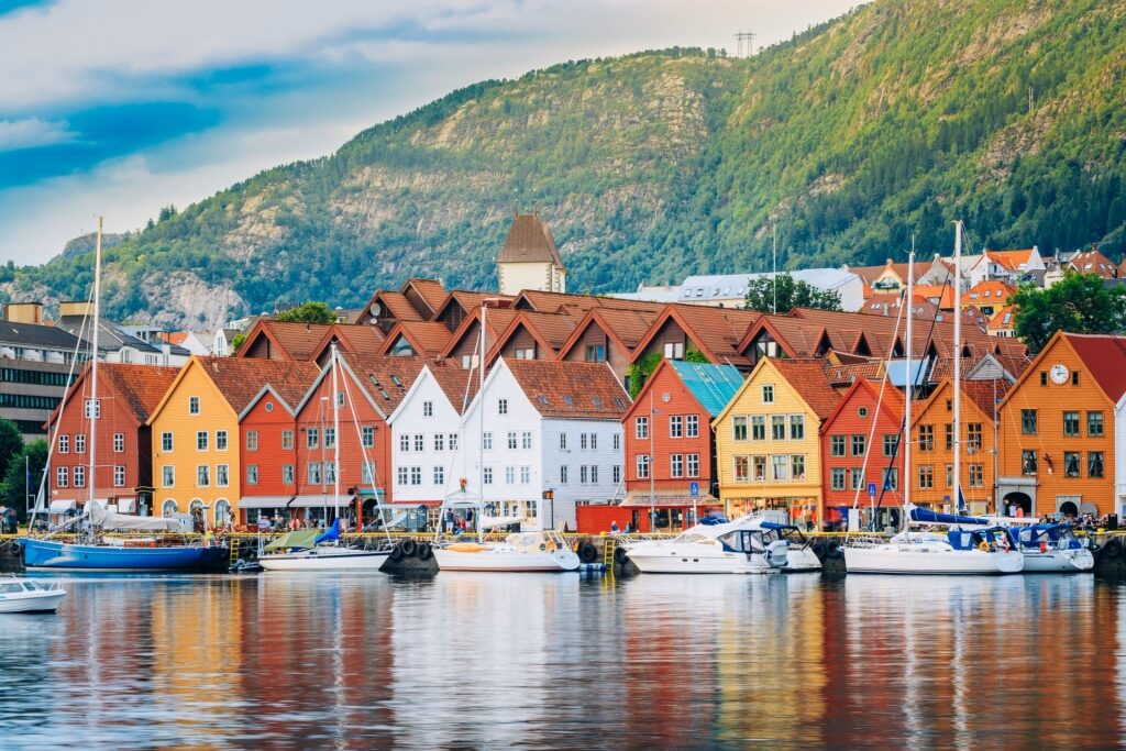 Colorful warehouses lined up by the water in Bergen