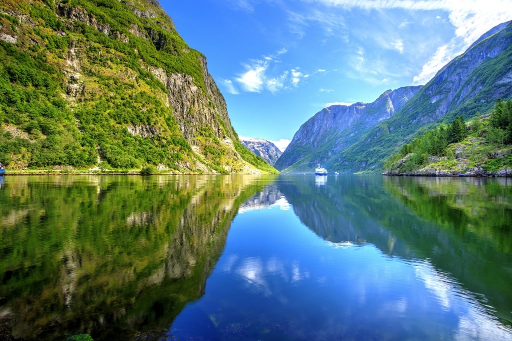 View of Nærøyfjord reflecting on water