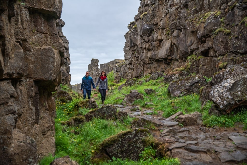 Couple hiking in Thingvellir National Park