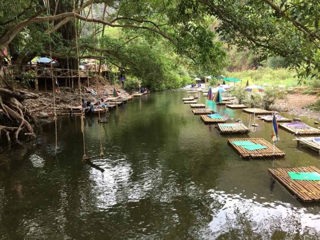 Bamboo rafts lined up on the White River, Ocho Rios
