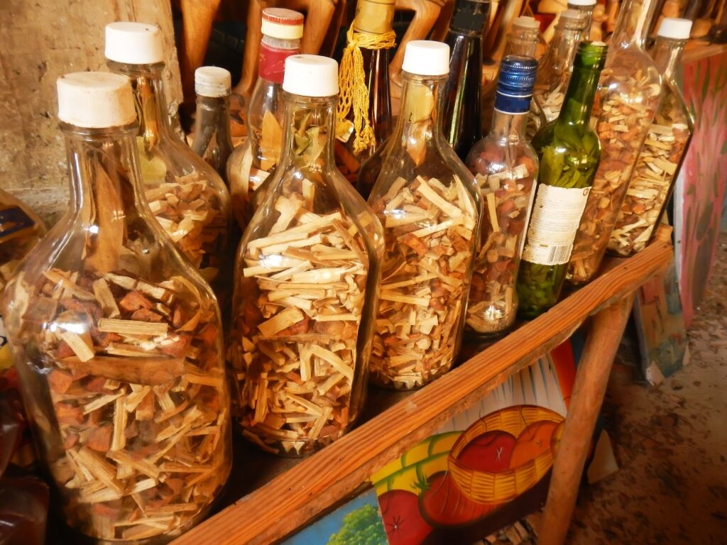Iconic Mamajuana in bottles at a market in Dominican Republic