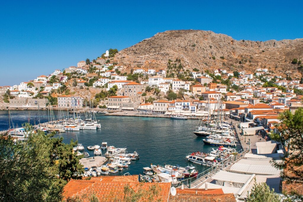 Beautiful aerial view of Hydra with boats