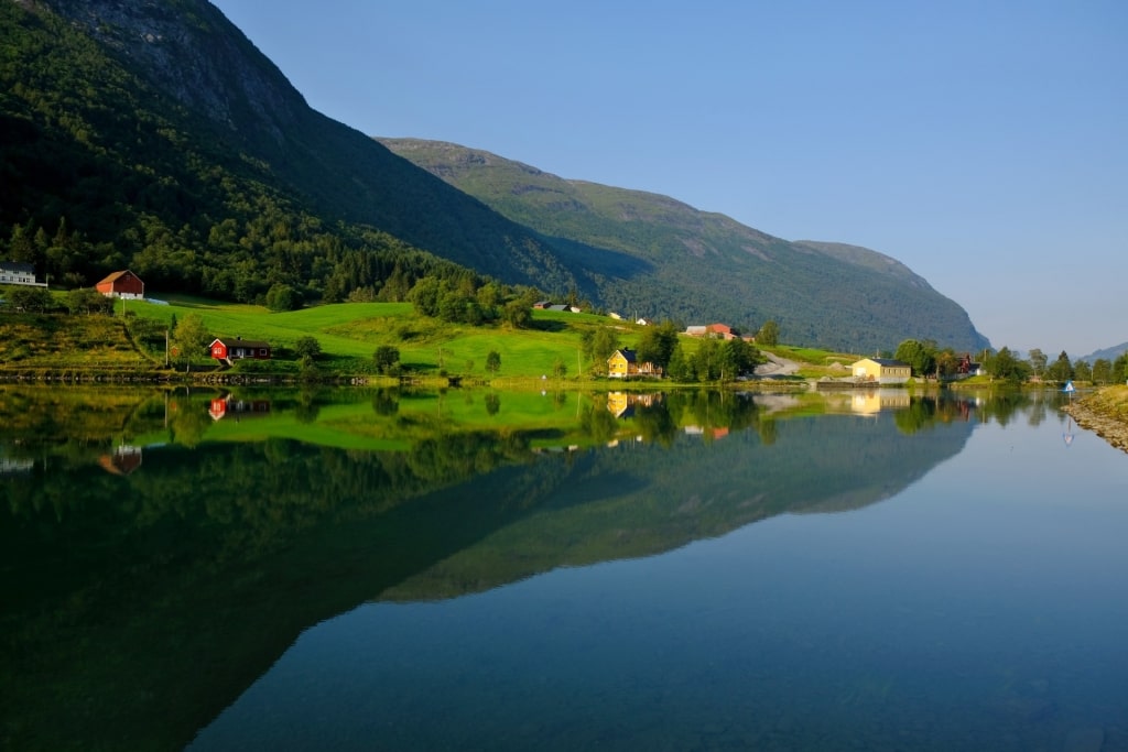 Beautiful mountainside reflecting on water