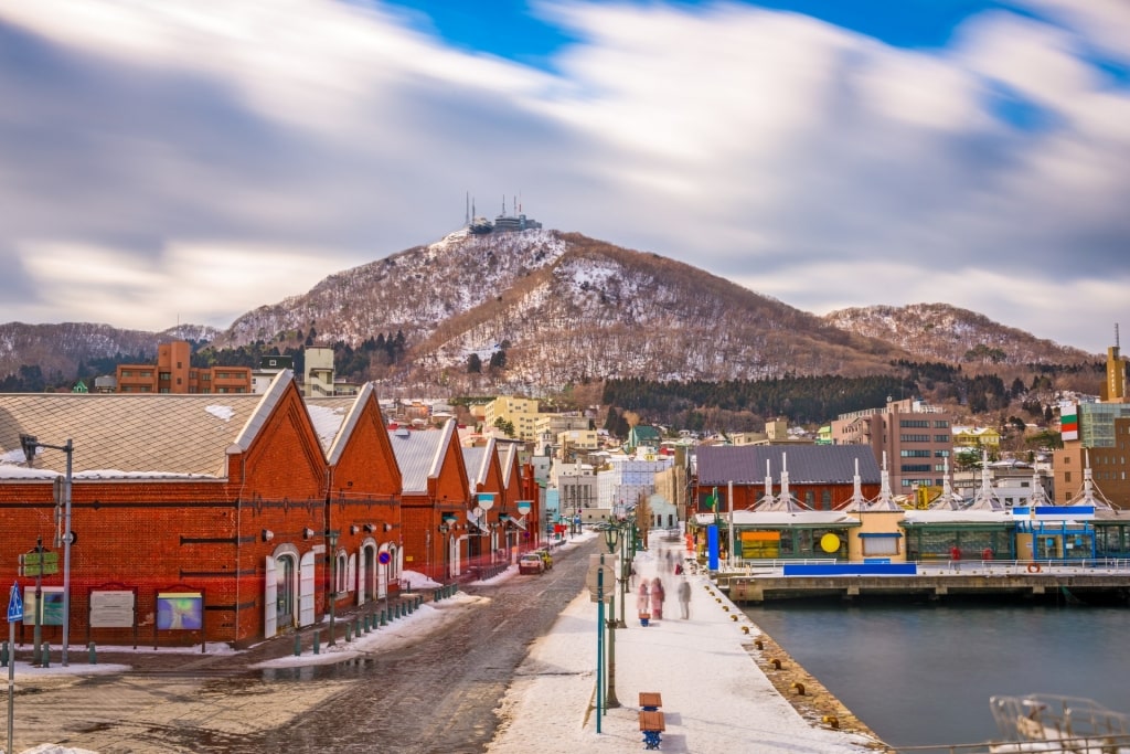 View of Mt. Hakodate with red brick warehouses