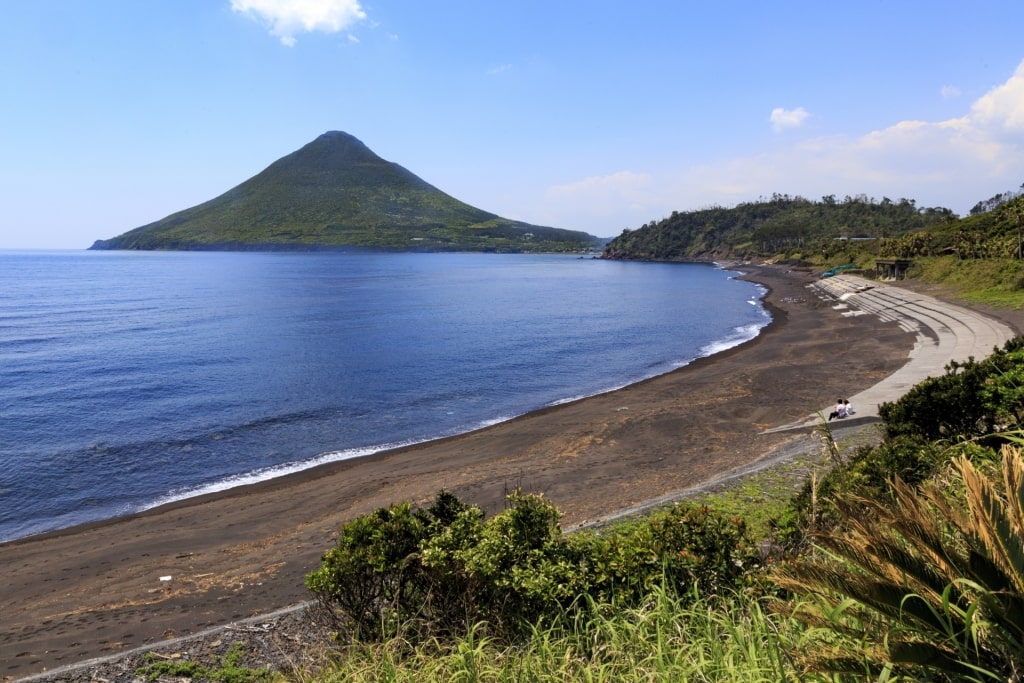 View of Mt. Kaimon, Kagoshima with beach