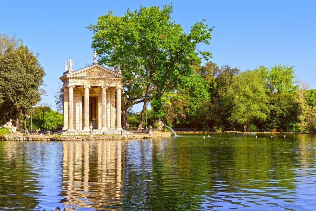 Temple of Asclepius amidst the water in Villa Borghese, Rome