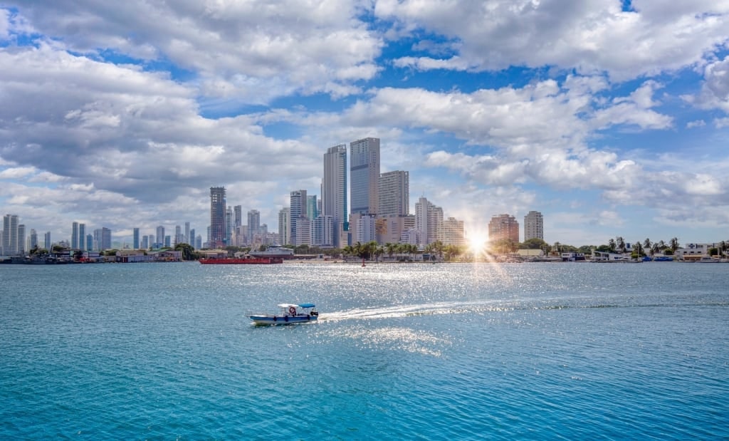 Boat cruising along Cartagena Bay