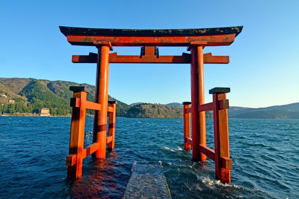 Majestic torii gate in Hakone Shrine in Lake Ashi, near Shimizu