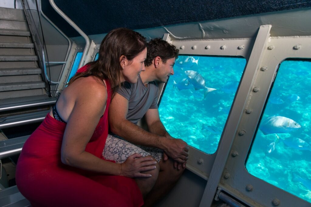 Couple on a glass bottom boat tour in Great Barrier Reef