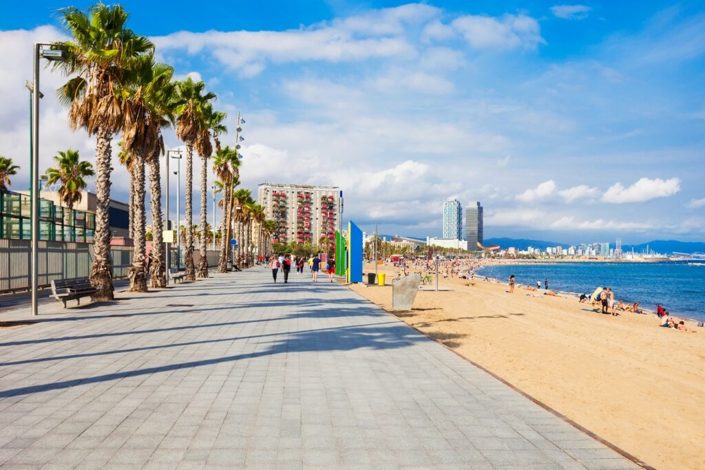 Promenade in La Barceloneta in Barcelona, Spain with beach