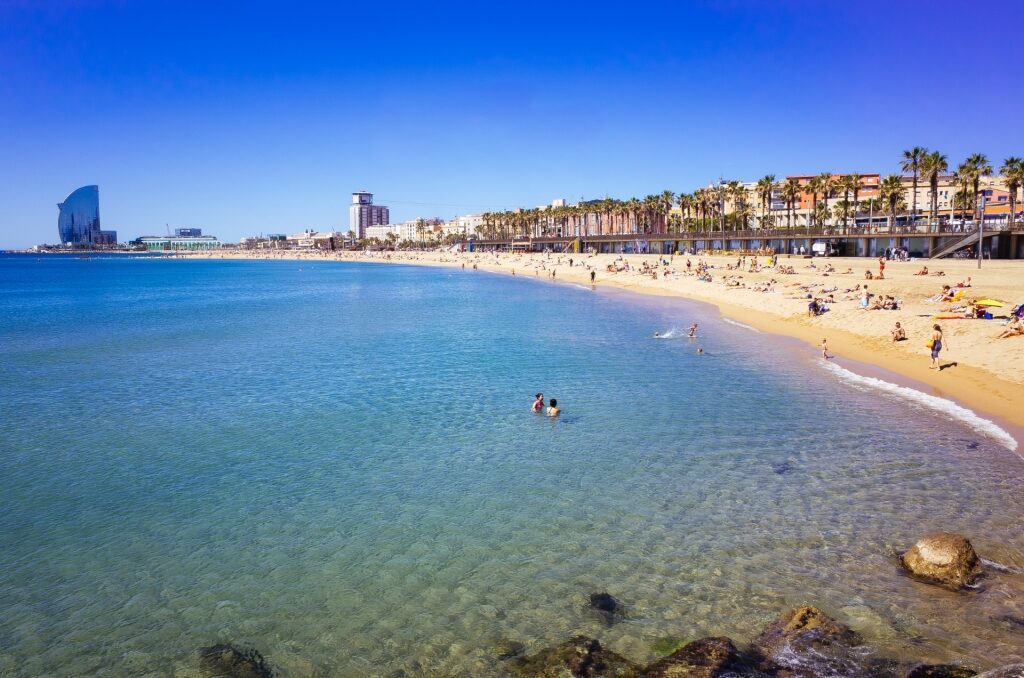 Barceloneta Beach in Barcelona, Spain with view of W Hotel