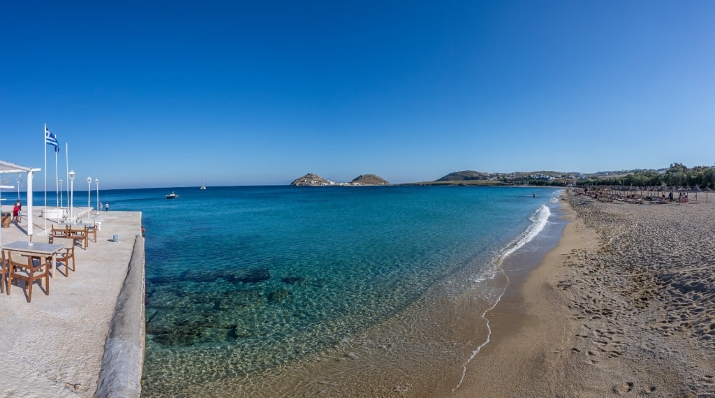 Wide sands of Kalafatis Beach in Mykonos, Greece