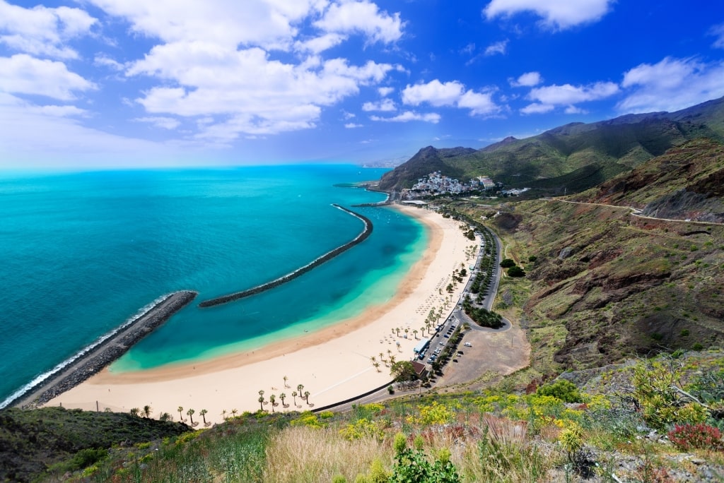 Aerial view of Playa de Las Teresitas in Tenerife, Spain