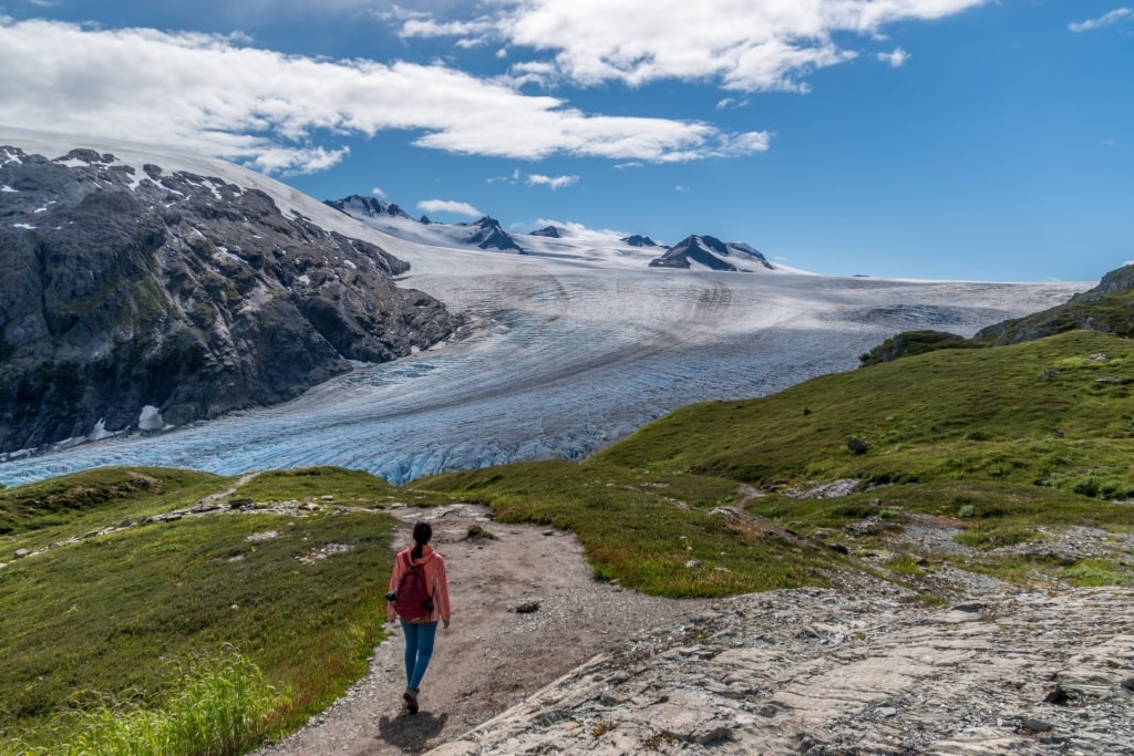 Woman hiking in Harding Icefield trail, near Seward