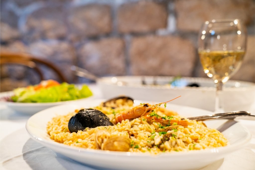 Food and wine at a restaurant in Croatia