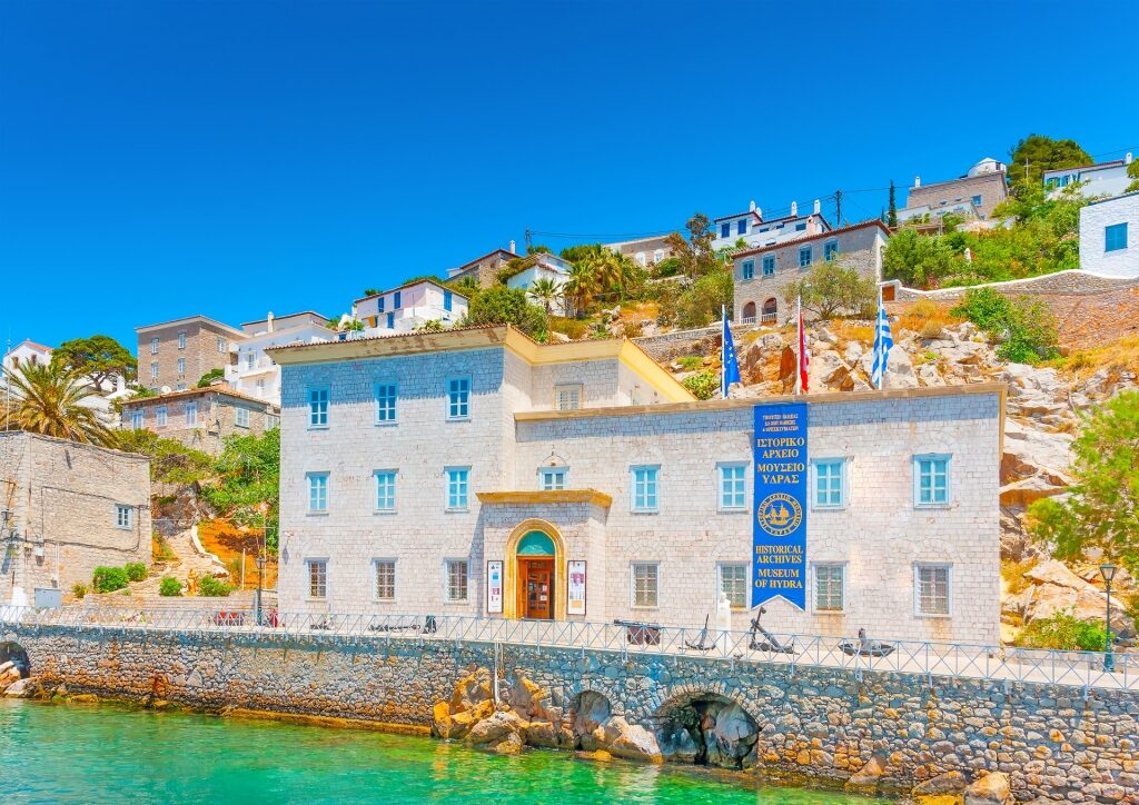 View of Historical Archives Museum of Hydra by the water